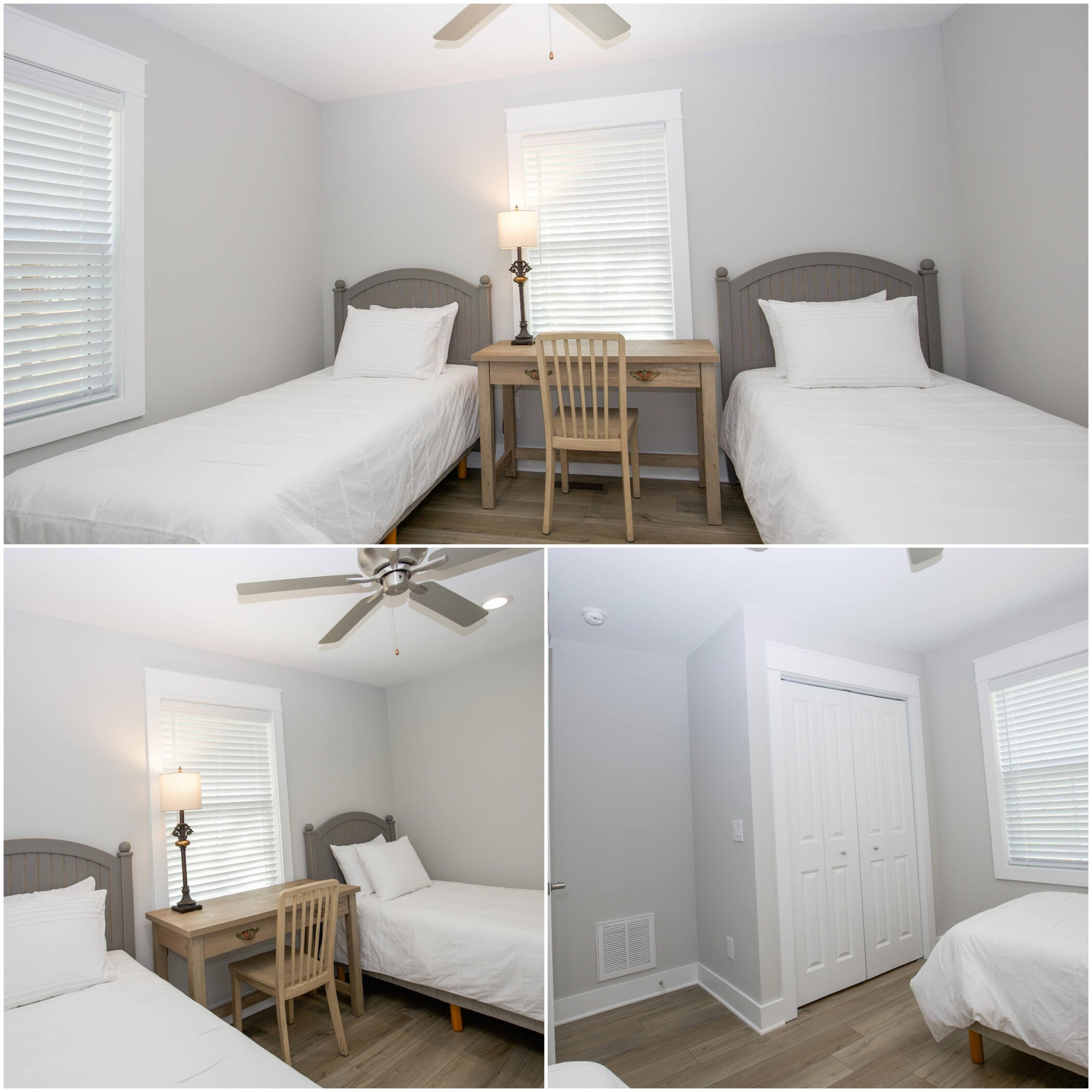 Twin bedroom with workspace at Sandhills Cottage